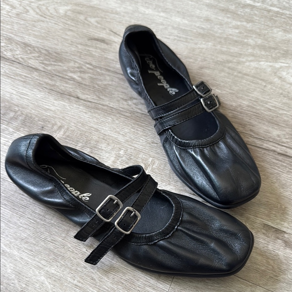 Free People Black Leather Double Strap Flats